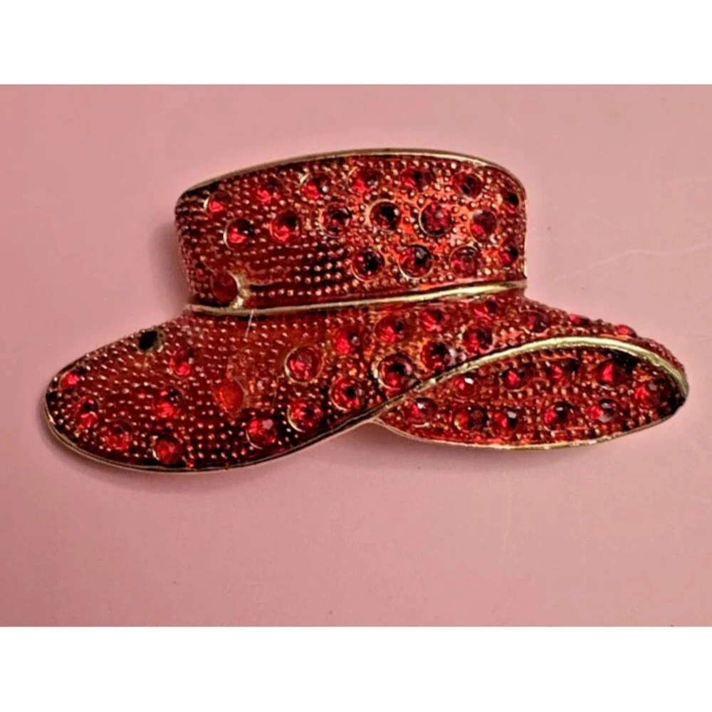 Vintage Red Rhinestone Hat Brooch 2” Gold Tone Crystal Cowboy Hat Pin
